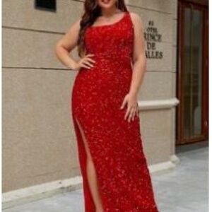 One-Shoulder Red Sequin Evening Dress